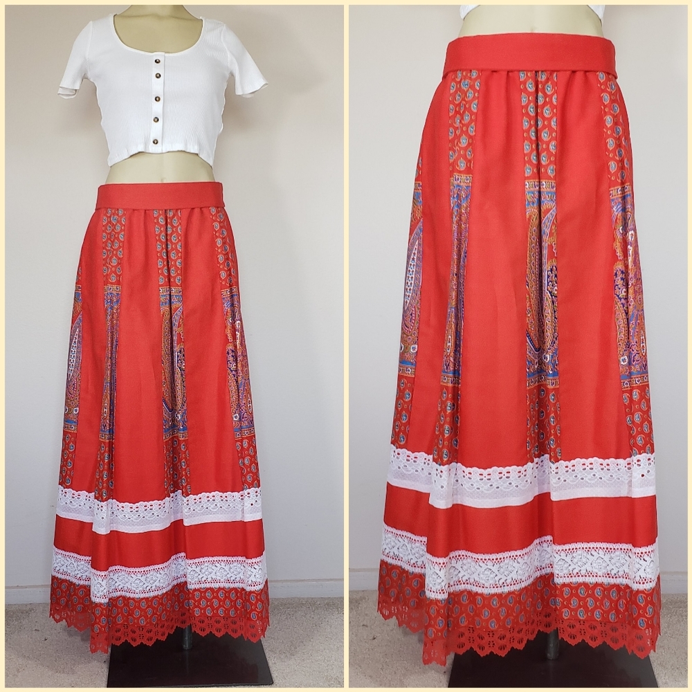 VTG Red Lace Handmade Maxi Skirt